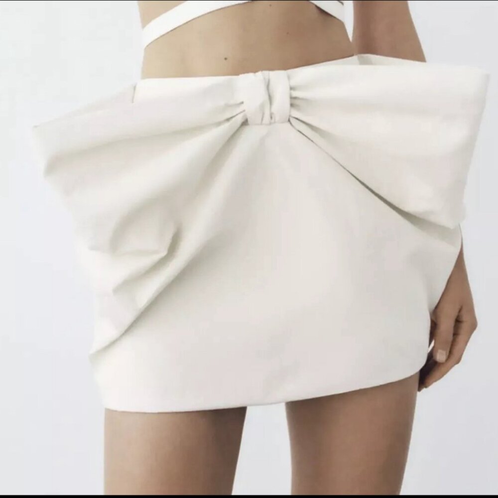ZARA VOLUMINOUS BOW DRAPED MINI SKIRT WHITE M NEW